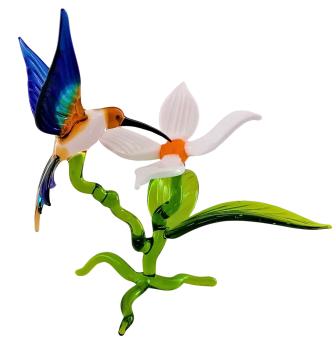 Blüte mit Kolibri stehend, (weiß/braun-hellblau-dunkelblau)